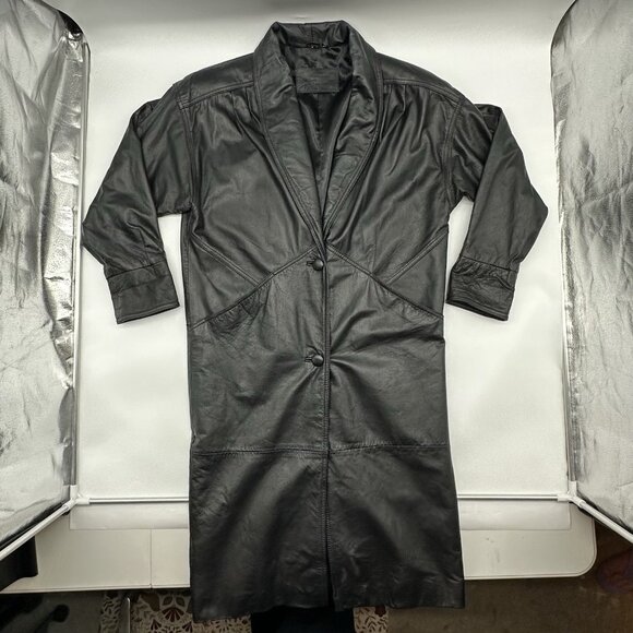 Vintage Jacqueline Ferrar Size Small Black Leather Button Up Long Trench Coat - Picture 2 of 10